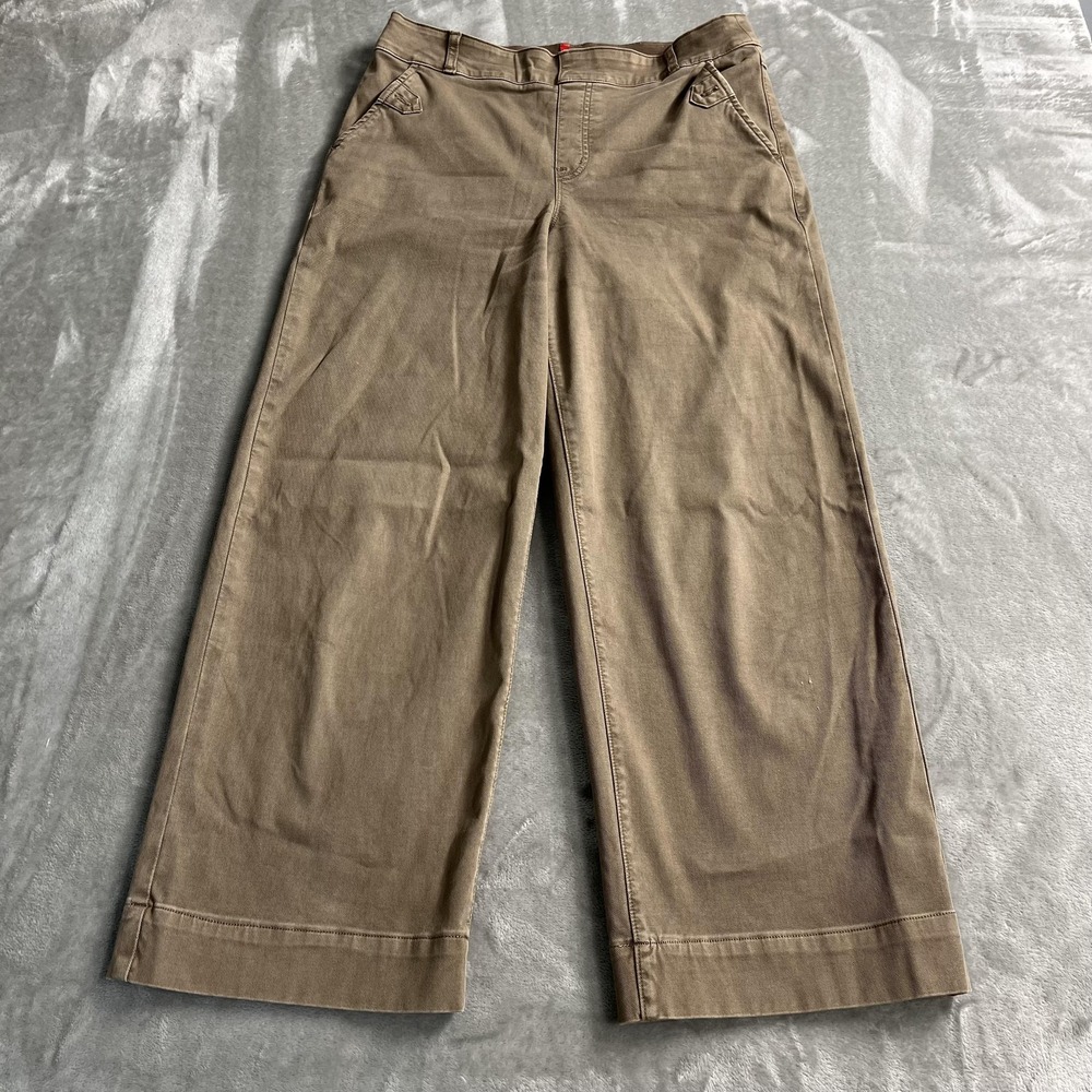 Spanx Pants Womens Large Brown Wide Leg Twill Khakis Pull On Stretch Pockets